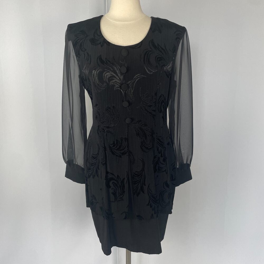 Vtg Cocktail Dress Size 14 Black Solid Jacquard Layered Sheer Sleeve Party 80s
